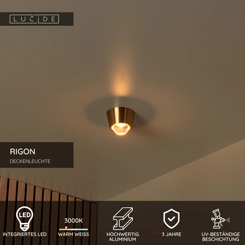 Lucide RIGON - Deckenleuchte - Ø 9 cm - LED - 1x7W 3000K - Mattes Gold / Messing - USP